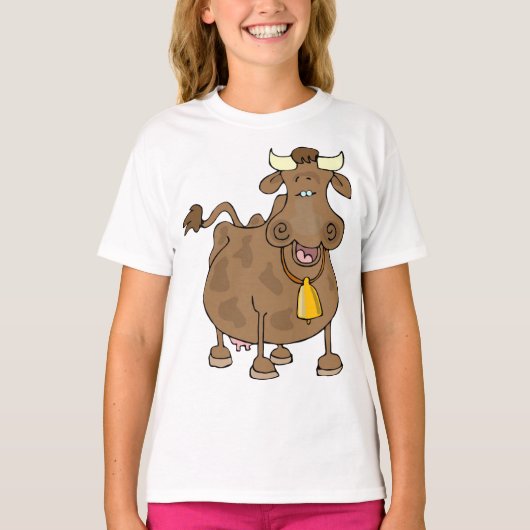 Grappige Cartoon Bruine Koe met Bell Boerderij Ani T-shirt (Voorkant)