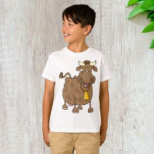 Grappige Cartoon Bruine Koe met Bell Boerderij Ani T-shirt