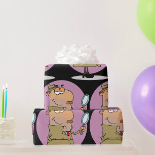 Grappige Cartoon Detective met Vergrootglas Cadeaupapier