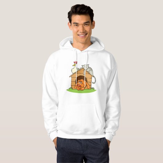 Grappige Cartoon Dog Kat en kip op hondenhok Hoodie (Voorkant volledig)