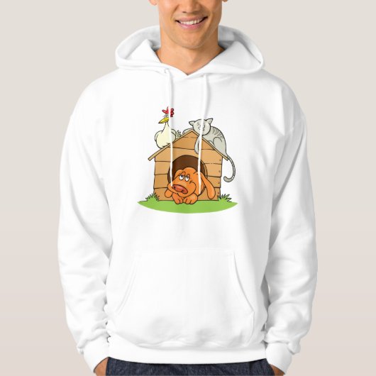 Grappige Cartoon Dog Kat en kip op hondenhok Hoodie (Voorkant)