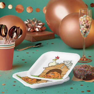 Grappige Cartoon Dog Kat en kip op hondenhok Papieren Bordje