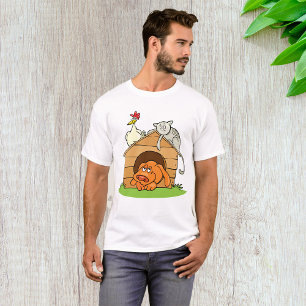 Grappige Cartoon Dog Kat en kip op hondenhok T-shirt