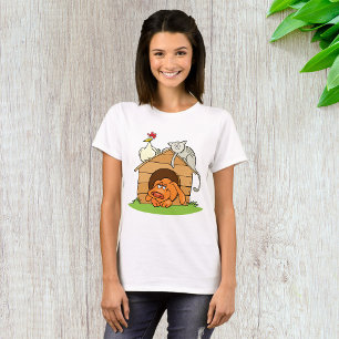 Grappige Cartoon Dog Kat en kip op hondenhok T-shirt