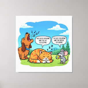 Grappige Cartoon Hond, Kat en Muis Canvas Afdruk