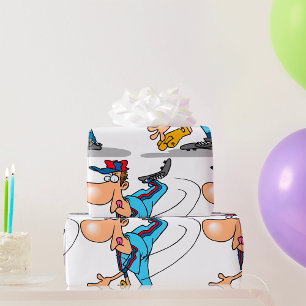 Grappige Cartoon Honkbal Pitcher die een Snelbal W Cadeaupapier