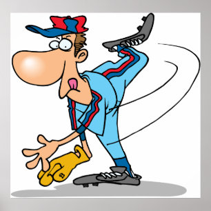 Grappige Cartoon honkbal werper gooien van een Fas Poster