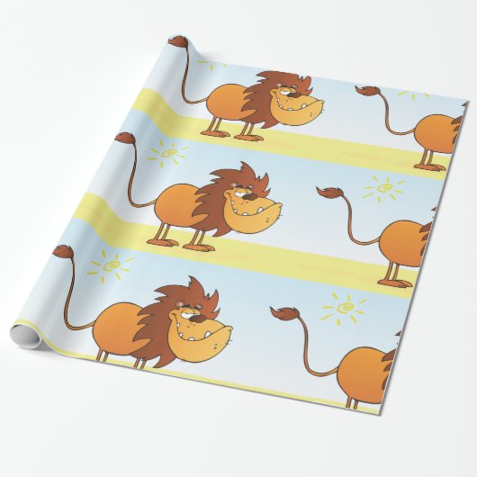 Grappige Cartoon Lion in de zon Safari Animal Cadeaupapier (Uitgerold)