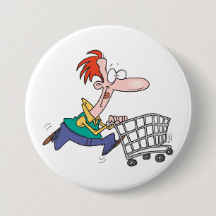 Grappige Cartoon Man Die Rent Met Boodschappenkar Ronde Button 7,6 Cm
