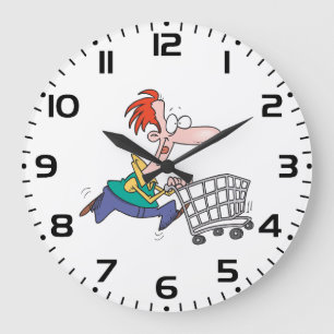 Grappige Cartoon Man Die Rent Met Winkelwagentje Grote Klok