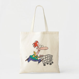 Grappige Cartoon Man Die Rent Met Winkelwagentje Tote Bag