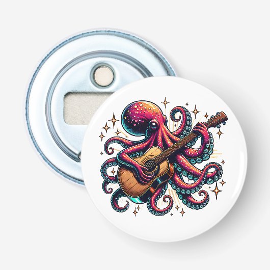 Grappige Cartoon Octopus Spelen Gitaar Button Flesopener (Voorkant)