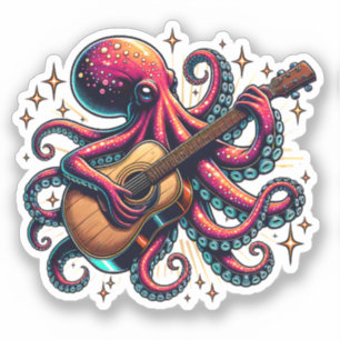 Grappige Cartoon Octopus Spelen Gitaar Sticker