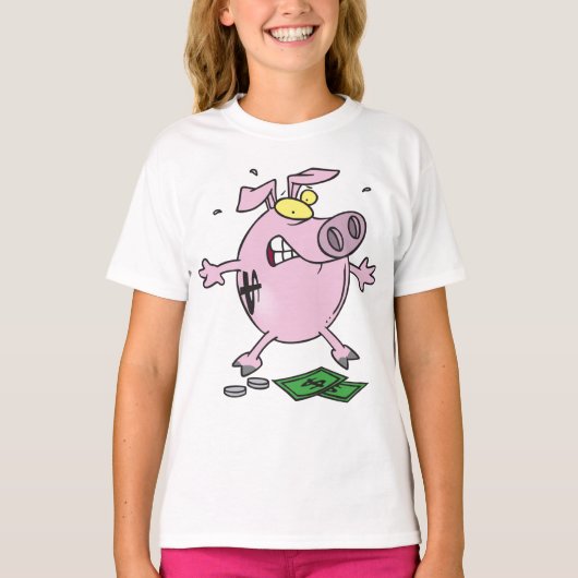 Grappige Cartoon Piggy Bank verliest geld T-shirt (Voorkant)