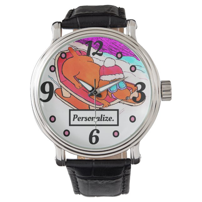 Grappige Cartoon Sledding Cartoon Dog gepersonalis Horloge (Voorkant)