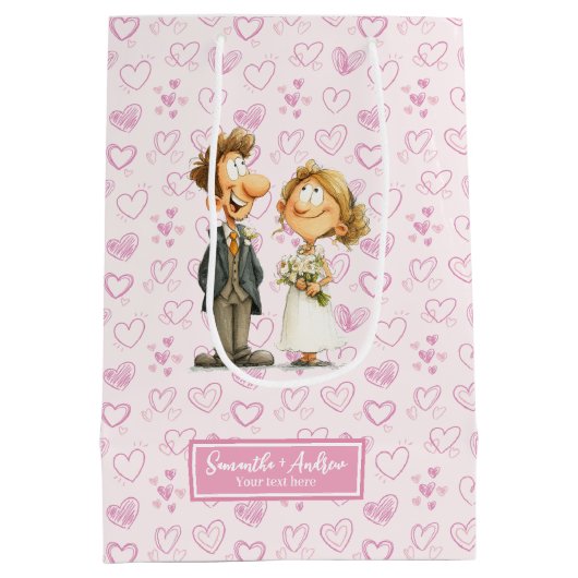 Grappige Cartoon Trouwcadeau Tas Bruid Groom Humor Medium Cadeauzakje (Achterkant)