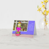 Grappige Cartoon Vrouw Tuinierster Gefeliciteerd Kaart (Gele Bloem)