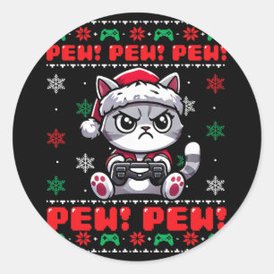 Grappige Cat Gamer Pew videogame Ugly Christmas Bo Ronde Sticker