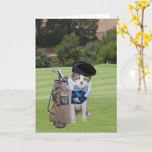 Grappige Cat Golfer Verjaardag Kaart (Gele Bloem)