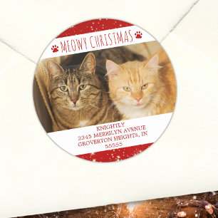 Grappige Cat MEOWY KERSTMIS Foto Rood Retouradres Ronde Sticker