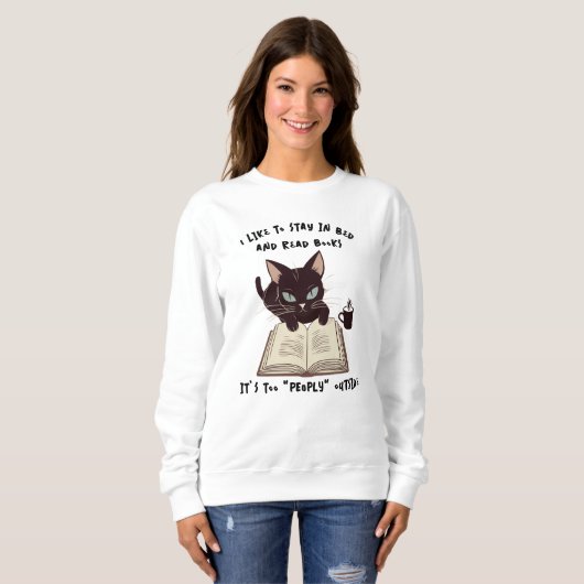 Grappige Cat Reading Book sweatshirt, blijf in bed Trui (Voorkant volledig)
