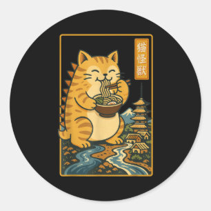 Grappige Catzilla Anime Ramen Japanse Kat Mannen V Ronde Sticker