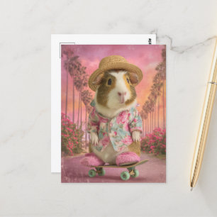 Grappige cavia op skateboard in roze slippers briefkaart