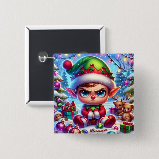 Grappige chagrijnige elf kerst vierkante button 5,1 cm (Voorkant /achterkant)