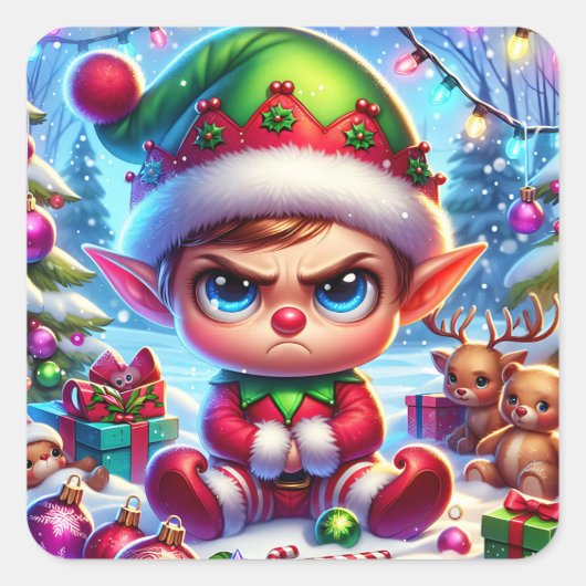 Grappige chagrijnige elf kerst vierkante sticker (Voorkant)