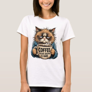 Grappige Chagrijnige Kat Koffie Omdat Volwassen Wo T-shirt