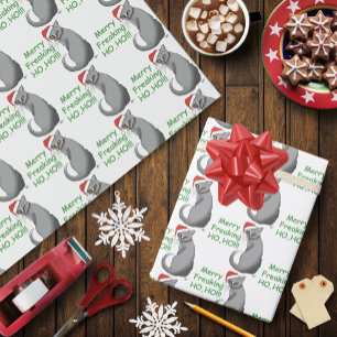Grappige Chagrijnige Kerstmis Grijze Kat Vakantie Cadeaupapier