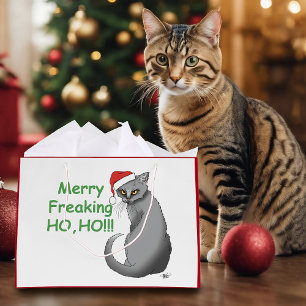 Grappige Chagrijnige Kerstmis Grijze Kat Vakantie Groot Cadeauzakje