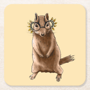 Grappige Chipmunk Eekhoorn Geek Dierenkunst Vierkante Kartonnen Onderzetter