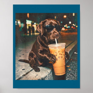 Grappige chocolade labrador die van ijskoude koffi poster