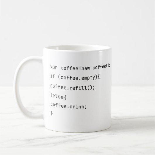 Grappige codering var coffee = new Coffee() Progra Koffiemok (Links)