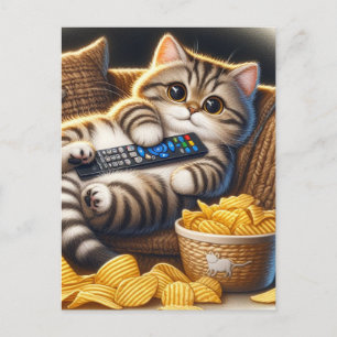Grappige Couch Potato Cat Remote en Chips Briefkaart