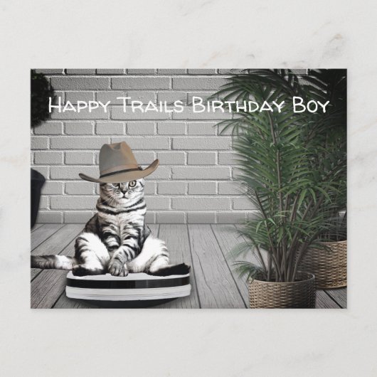 Grappige Cowboyhoed Kat op een Stofzuiger Verjaard Briefkaart (Voorkant)