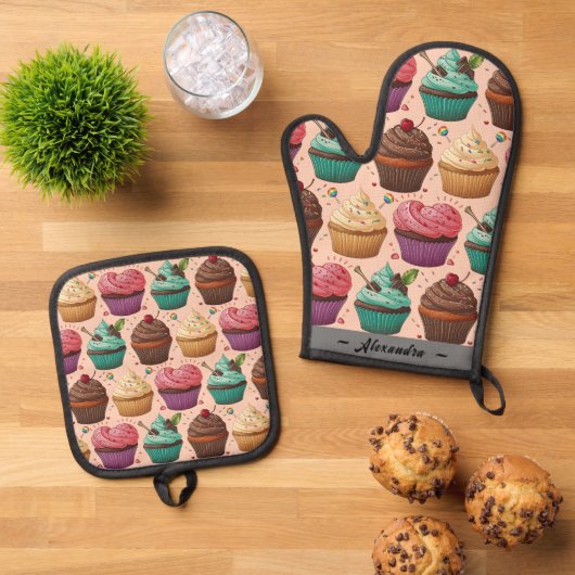 Grappige Cupcakes (gepersonaliseerd) Ovenwant & Pannenlap Set (Top down)