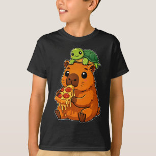 Grappige Cute Capybara Eet Pizza met Turtle Anime T-shirt
