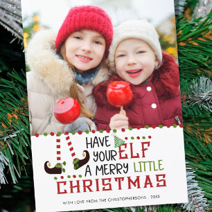 Grappige Cute Elf Prettig Kerstfeest Foto Feestdagenkaart