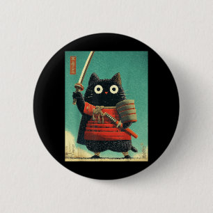 Grappige Cute Japanse Kat Samurai Sumi-e Katana Ronde Button 5,7 Cm