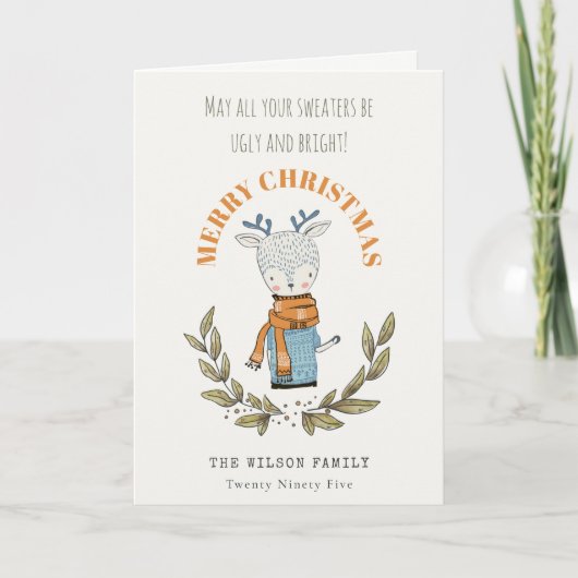 Grappige Cute Lelijke Trui Bladerig Rendier Kerstm Feestdagen Kaart (Voorkant)