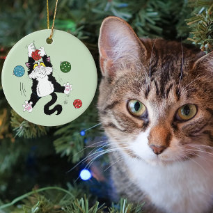 Grappige Cute Zwarte Witte Smoking Kat Vakantie Gr Keramisch Ornament