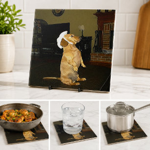 Grappige Dachshond Hondenliefhebber Zit Keuken Leu Tegeltje