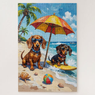 Grappige dachshond strandfeest zomer hondenliefheb legpuzzel