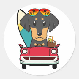 Grappige Dachshund Dog rijdt naar het strand Ronde Sticker