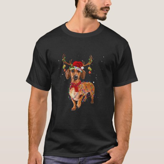Grappige Dachshund Rendier Kerstverlichting Xmas H T-shirt (Voorkant)