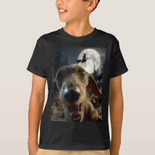 Grappige Dachshund Selfie Volle Maan Vliegende Hek T-shirt
