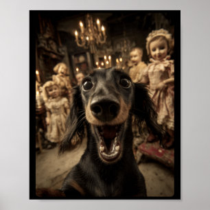 Grappige Dachshund Selfie Y-poppen en Griezeld Hal Poster