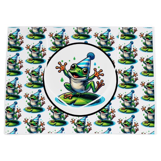 Grappige Dancing Frog op een Lily Pad Verjaardag Groot Cadeauzakje (Voorkant)